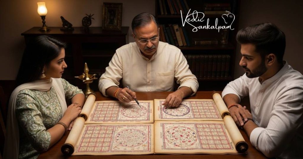 कुंडली मिलान हिंदी में - 36 गुण मिलान विधि, मांगलिक दोष, भकूट दोष और नाड़ी दोष के उपाय। ऑनलाइन और ऑफलाइन कुंडली मिलान की पूरी जानकारी।